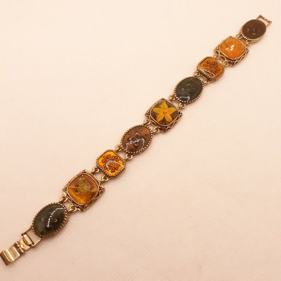 Liz Claiborne Gold Tone and Enamel Floral Panel Link Bracelet - Picture 1 of 7